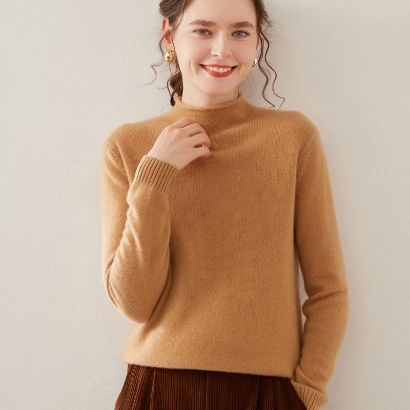 Women's Wool Blend Half-High Neck Knit Sweater - Fashionable Thickened Pullover for Autumn/Winter