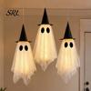 Indoor Halloween Party Props 3 Pcs Hanging Ghost Decoration, Spooky Large Mesh Three Piece Set with Witch Hat for Porch, Yard, Entryway, Haunted House