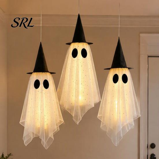 Indoor Halloween Party Props 3 Pcs Hanging Ghost Decoration, Spooky Large Mesh Three Piece Set with Witch Hat for Porch, Yard, Entryway, Haunted House
