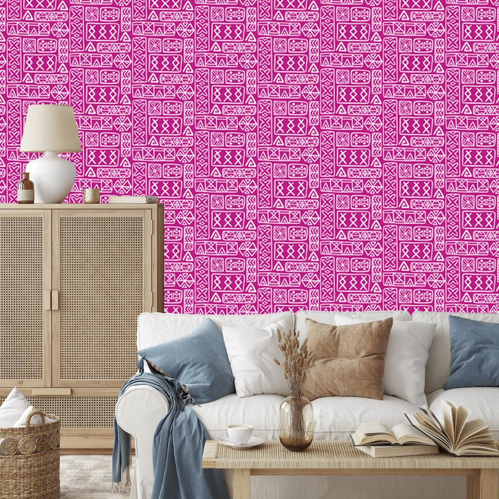 Polynesian Geometric Pattern Wallpaper Purple and Powder Pink 50x1000