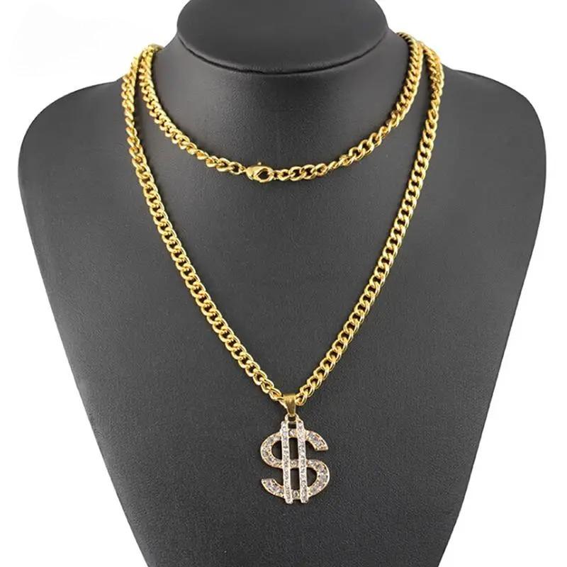 Gold Plated Crystal Dollar Sign $ Pendants Necklaces with Long Twist Chain Statement Hip Hop Party Jewerly for Women Men
