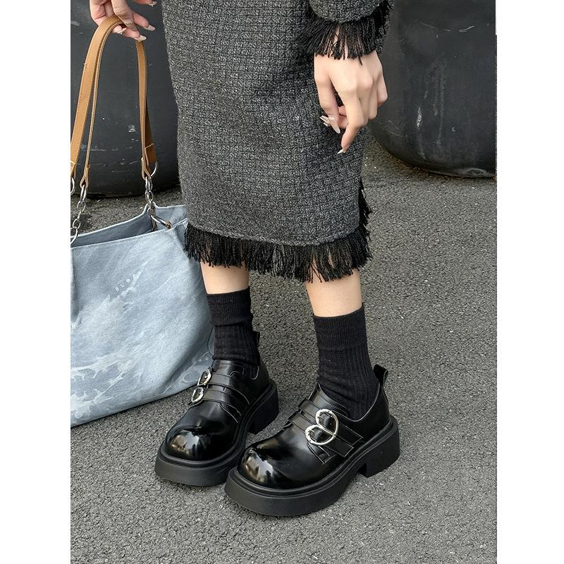 Genuine Leather Platform Leather Shoes Women's Shoes Early Spring New All-Match Double Buckle Loafers Mary Jane Shoes Pumps