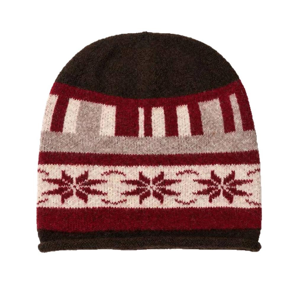 Winter Retro Fair Isle Jacquard Knitted Hat Women Plush Rolled Cuff Thickened Warm Beanie Pullover Cap