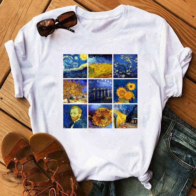 

Подсолнух Принтированная футболка Van Gogh Art Tee Рубашки Мода Женщины Топы Футболки Харадзюку Футболки Женская футболка Одежда Femina