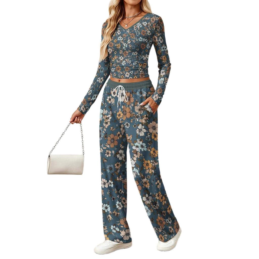 Spring and Autumn digital print women's V-neck long sleeve pants set, comfortable, casual, versatile, slim fit two-piece set
