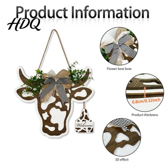 Cow Head Wall Decoration Milk Hanging Sign Rustic Wooden Welcome Sign with Bow And Artificial Pattern Plaque Leaves Door for Front Door Porch,