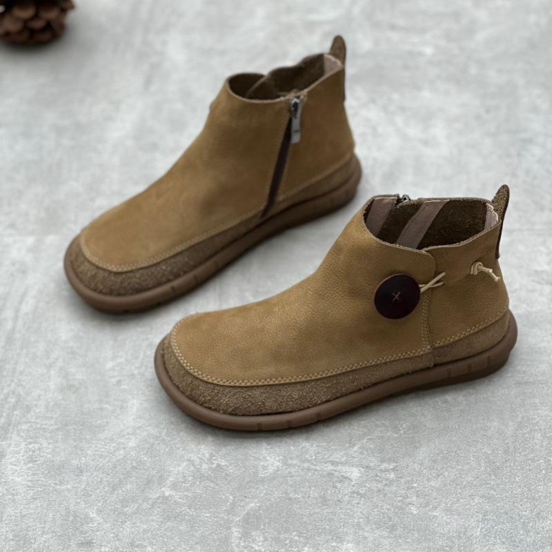 Retro Women Flat Short Boots Genuine Leather Shoes Handmade Round Toe Solid Color Ankle Boots