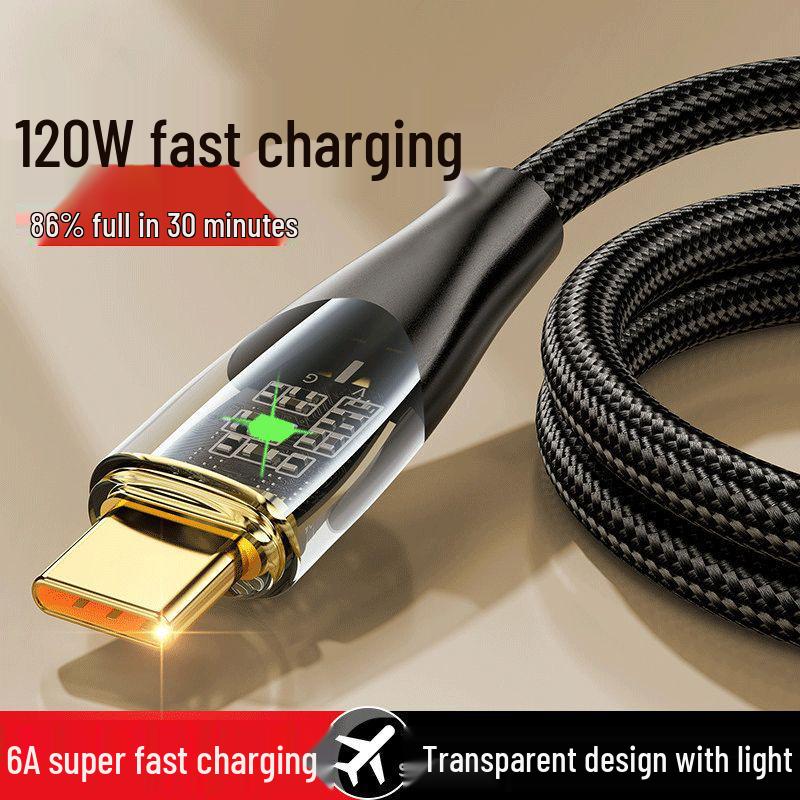 

Прозрачный плетеный кабель для быстрой зарядки 120 Вт с подсветкой для Apple, Type-C, Huawei - Кабель для передачи данных 6A PD Type-C