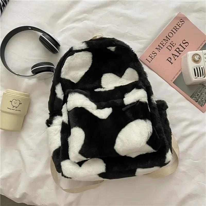 

Women Girls Cute Fur Backpacks Children School Bags Kids Gift Book Bag Heart Plush Cartoon Backpack Plush Pink Black Backpacks 13inch