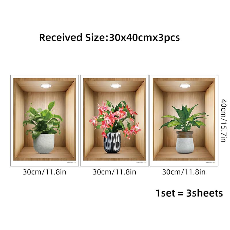 3Pcs Watercolor Realistic Potted Flower Plant Wall Stickers Removable For Bedroom Living Room Nursery Decoration Wall Decals