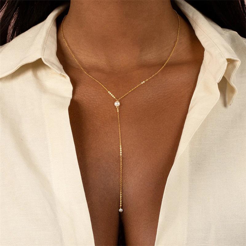 Adjustable Faux Pearl 14K Gold Y-Shaped Pendant Necklace - Hypoallergenic Stainless Steel Choker