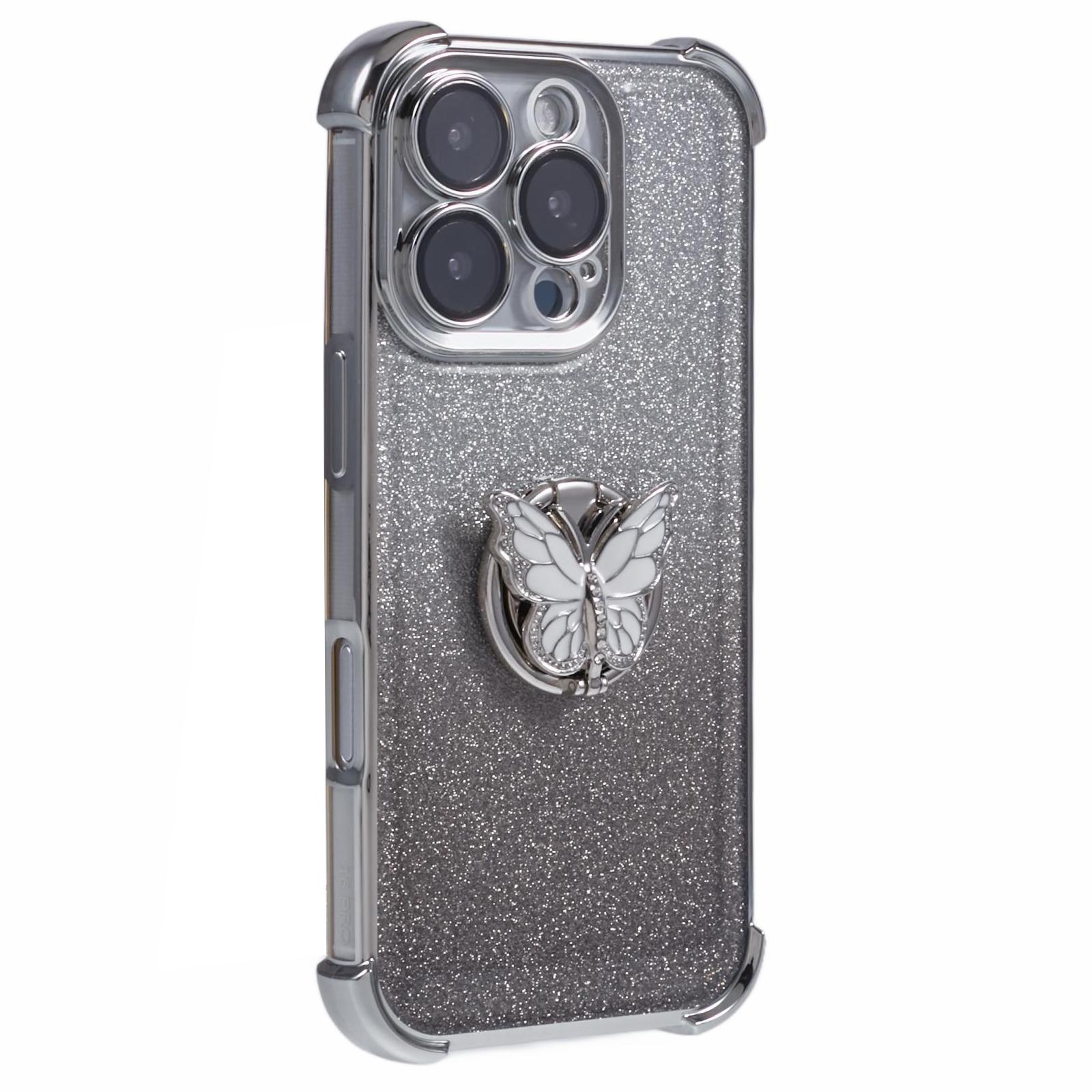 For iPhone 16 Pro Max Case Butterfly Kickstand Glitter TPU Shockproof Phone Cover B