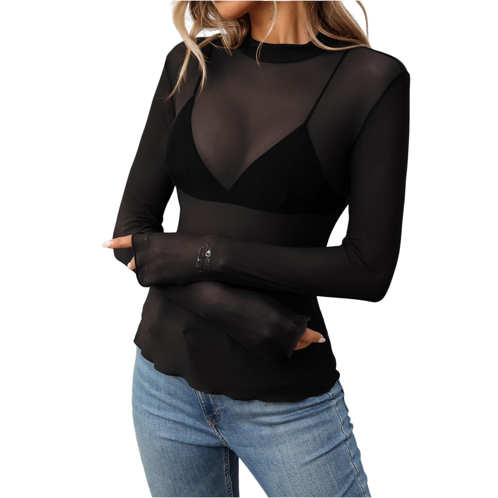 

Women s Fashion Color Semi-High Neck Long Sleeve Y-2K Mesh Top S чёрный
