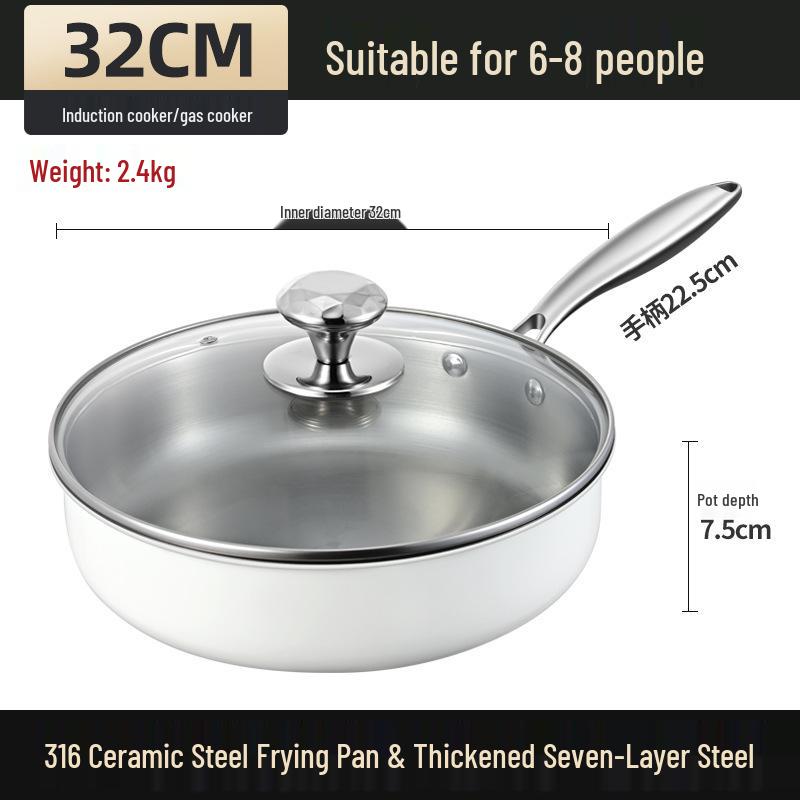 316 Stainless Steel Ceramic Flat-Bottom Non-Stick Wok and Frying Pan for Gas and Induction Cookers