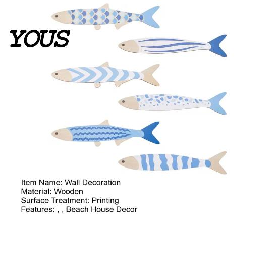 Decorative Fish Scale Wall Hangings 6Pcs/Set Wooden Decor, Beach House Decoration, Blue And White Wood Ornaments Coastal Art for Home Living