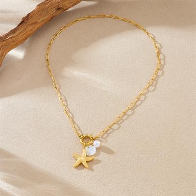 Collier Chaîne Trombone Étoile de Mer Coquillage Perle Plaqué Or 18K, Collier Pendentif Bohème Plage pour Femmes, Bijoux d'Été