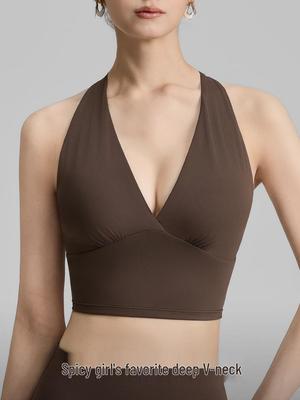 Spring Women's V-neck Sports Bra & Halterneck Yoga Tank Top with Fixed Cups - Supports Underarm Fat