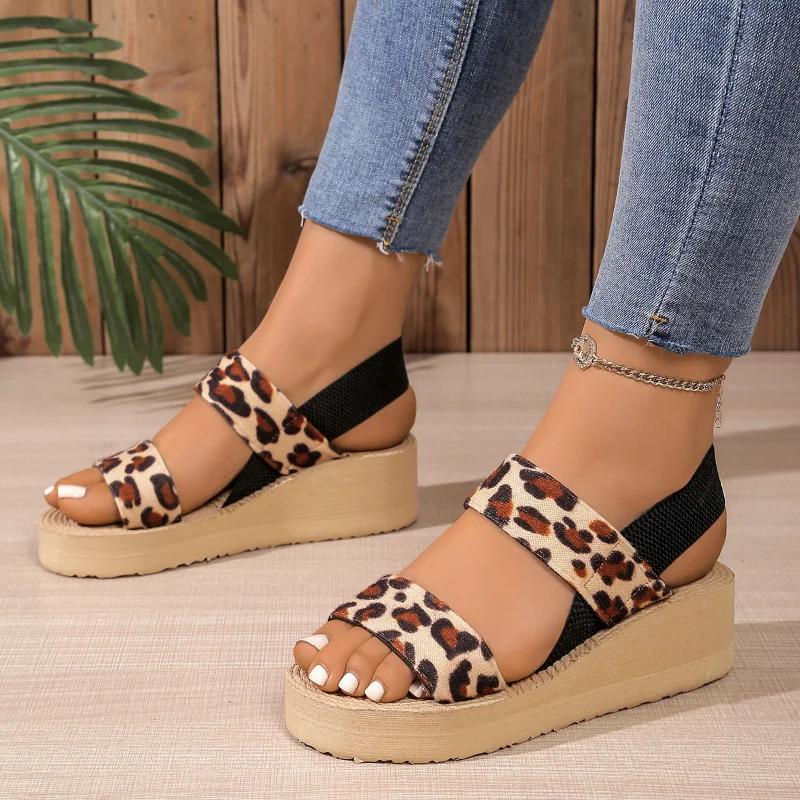 Fashion Leopard Print Wedge Sandals Women 2025 Summer Comfort Thick Sole Beach Shoes Woman Lightweight Platform Sandalias Mujer