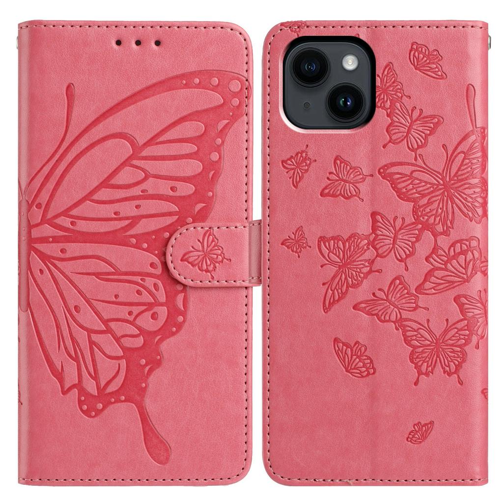 For iPhone 14 Case Butterfly Imprinted Wallet Stand PU Leather Flip Phone Cover with Strap
