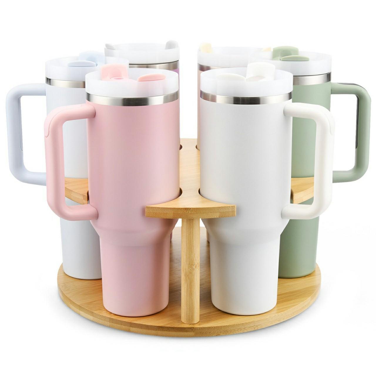 

For Stanley Cup Holder 360° Rotating Organizer For Desk Storage Bamboo Wood Mug Rack A