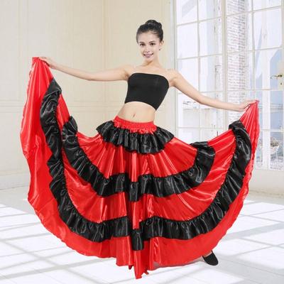 Women Maxi Skirt Elastic Waist Stitching Layered Cake Skirt Color-Blocked Red Black 360 Degree Oversized Skirt Stage Performance Wear