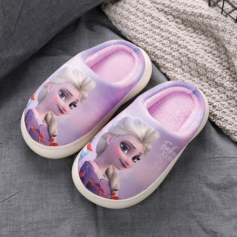Frozen Girls' Cotton Slippers - Warm, Non-slip Autumn/Winter Princess Elsa Fur Slippers for Kids
