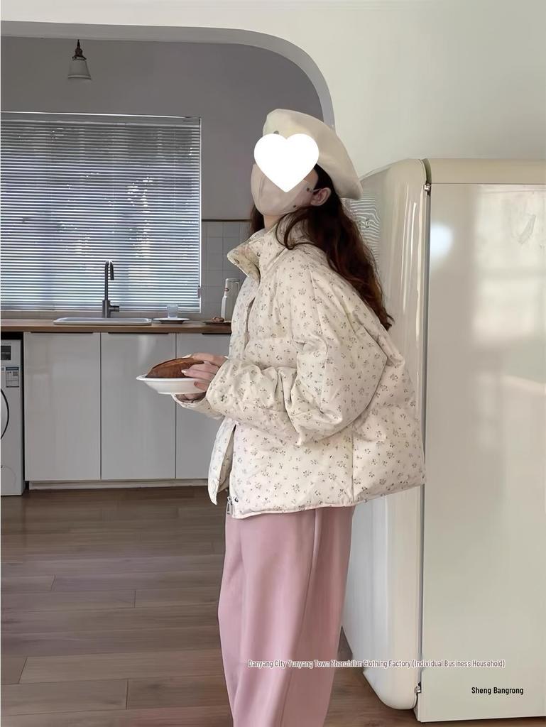 2024 Winter Women's Floral Down Cotton Jacket – Loose Fit, Korean Cute Academy Style