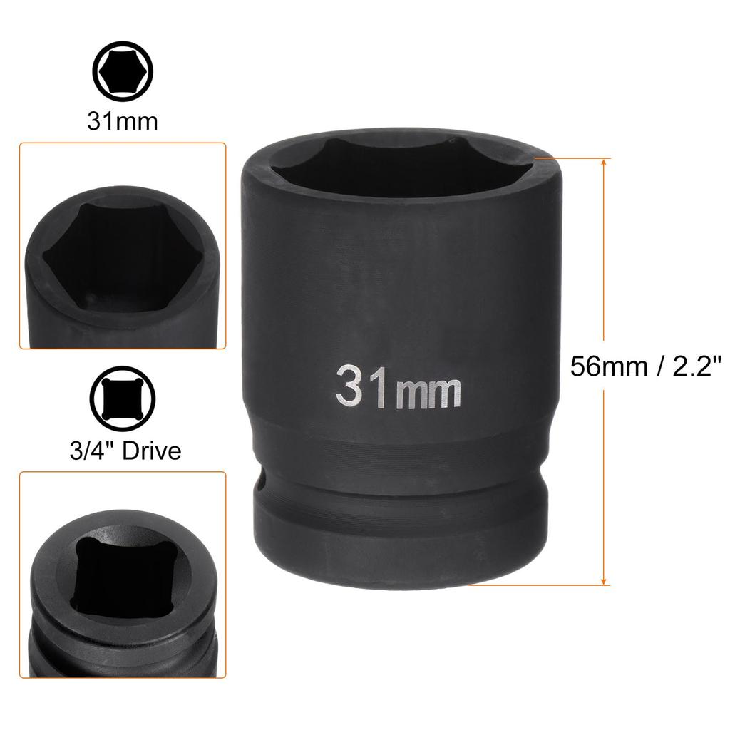 uxcell Deep 6 Point Impact Socket Drive 31mm Metric 40Cr Alloy Steel Spindle Axle Nut Impact Socket 3/4"