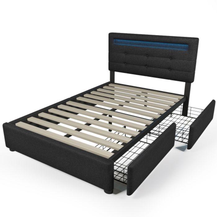 Cadre De Lit Avec Éclairage LED Et 2 Tiroirs, Lit Simple 90x200 Cm, Tête De Lit Réglable En Hauteur, Noir (sans Matelas)