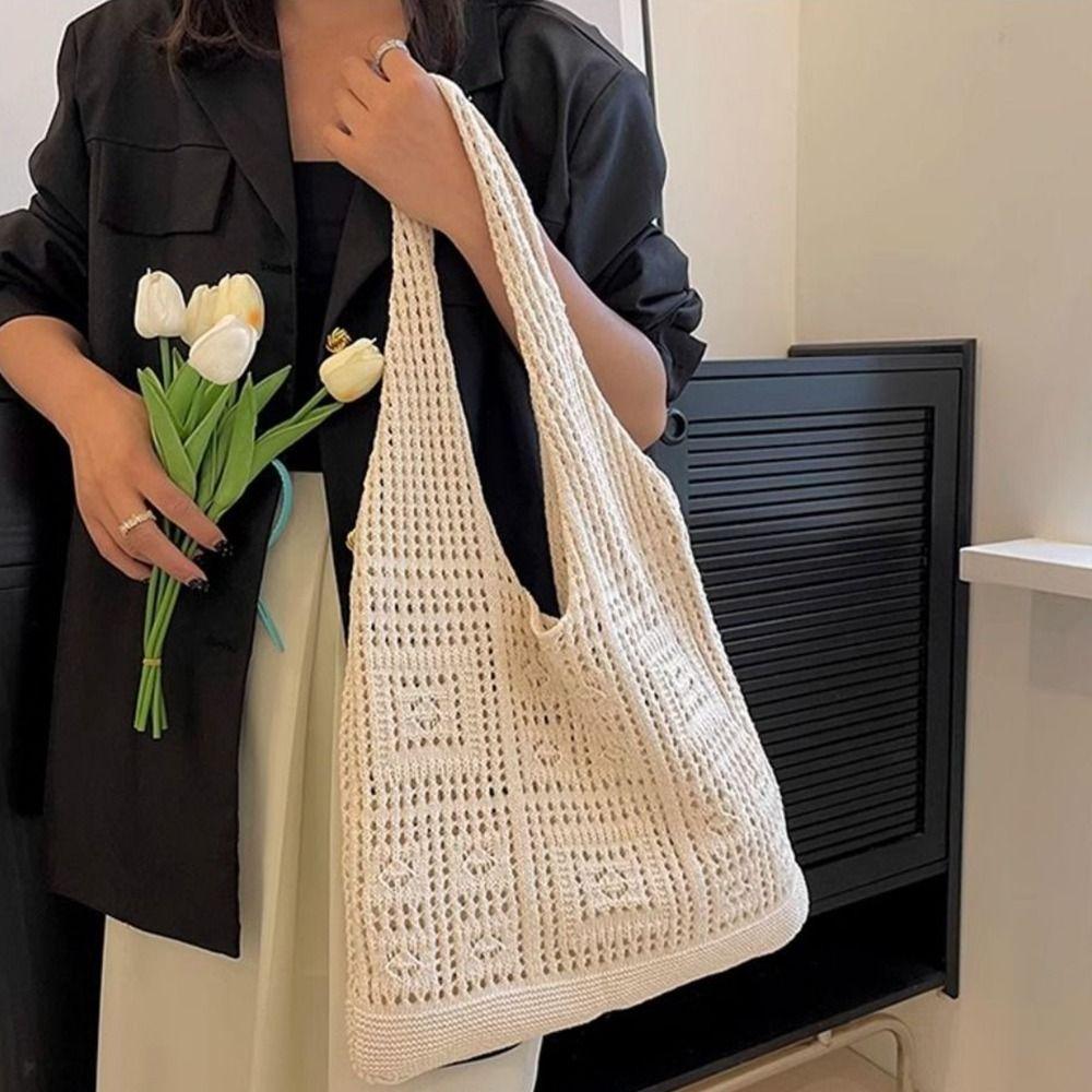 Hollow Crochet Mesh Bag Solid Color Beach Tote Bag Fashion Knitting Shoulder Bag  Ladies