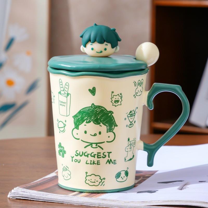Graffiti Mug with Lid Spoon Ceramic Water Cup Couple with Large Capacity Hand Painted Gift for Girls Niche Birthday Gift