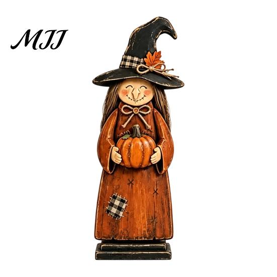 Vintage Style Witch Party Supplies Wooden Figurine, Halloween Statues with Rustic Home Decor Broom Pumpkin Black Cat, Fall Farmhouse Tabletop