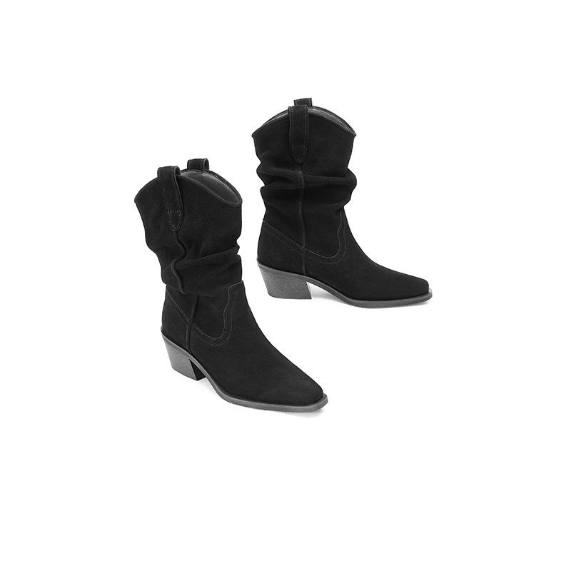 Medium Heel Barn Wind Desert Knight Boots Merard High Heel Pointed Mid Tube Leather Skinny Commuter Suede Pile Boots