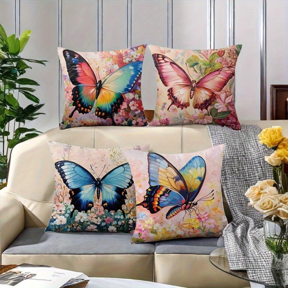 Watercolor Butterfly & Floral Throw Pillow Covers, Vibrant Rainbow Pink Blue Butterfly Print Cushion Cases, Garden Home Decor