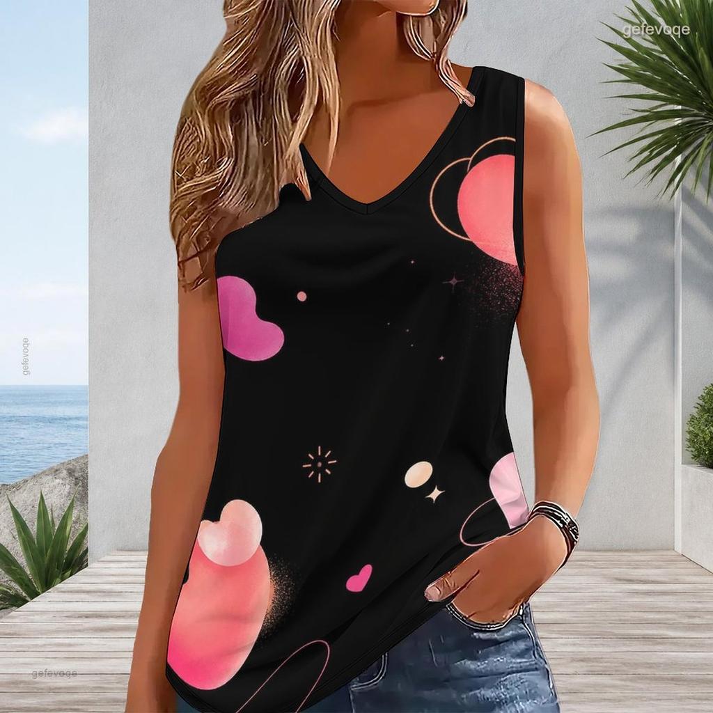 Women Plus Size Sleeveless V Neck Tank Top Vibrant Rainbow Heart Balloon Star Colorful Print Casual Top