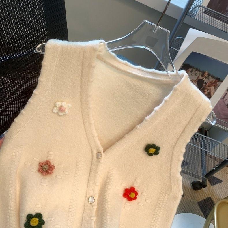 Roztomilá květinová pletená kardiganová vesta korejská edice elegantní svetr vesta volná zmenšující malý kabátek bez rukávů top jarní kardiganová vesta
