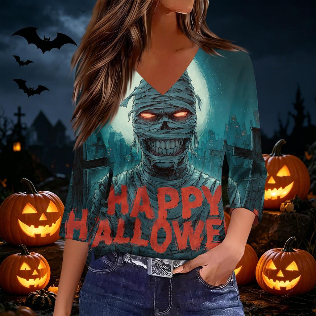 Women's Casual Halloween Print V Neck Top Three Quarter Sleeve Lightweight Blouse for Seasonal Wear