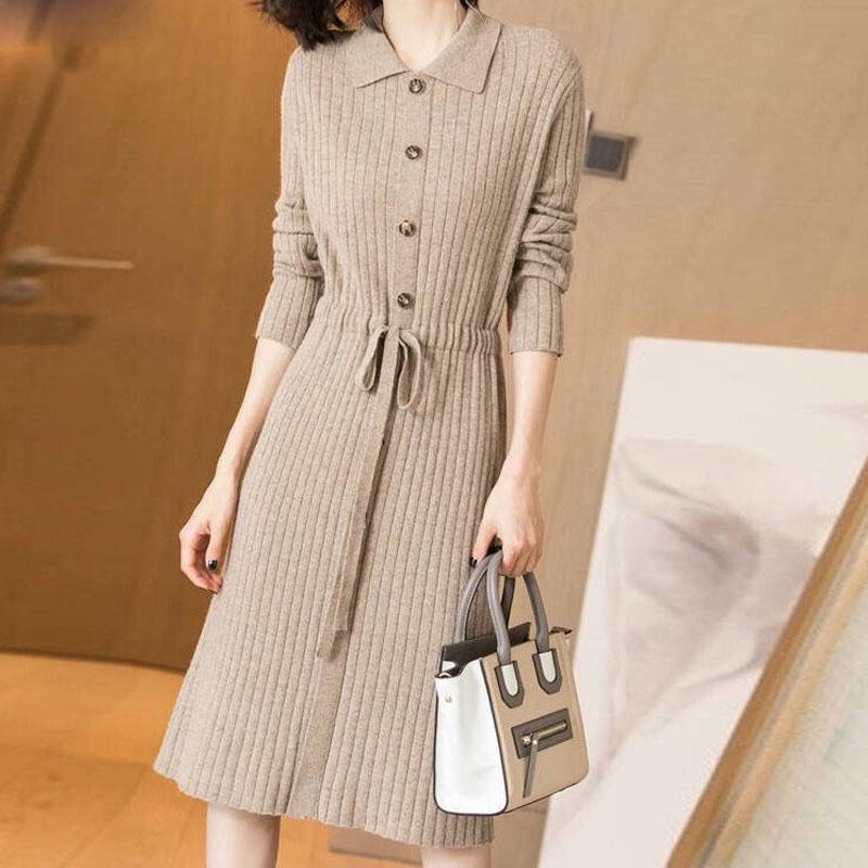 Robe tricotée à manches longues pour femme, nouveau design, automne hiver, col rabattu, boutons, robes Slim