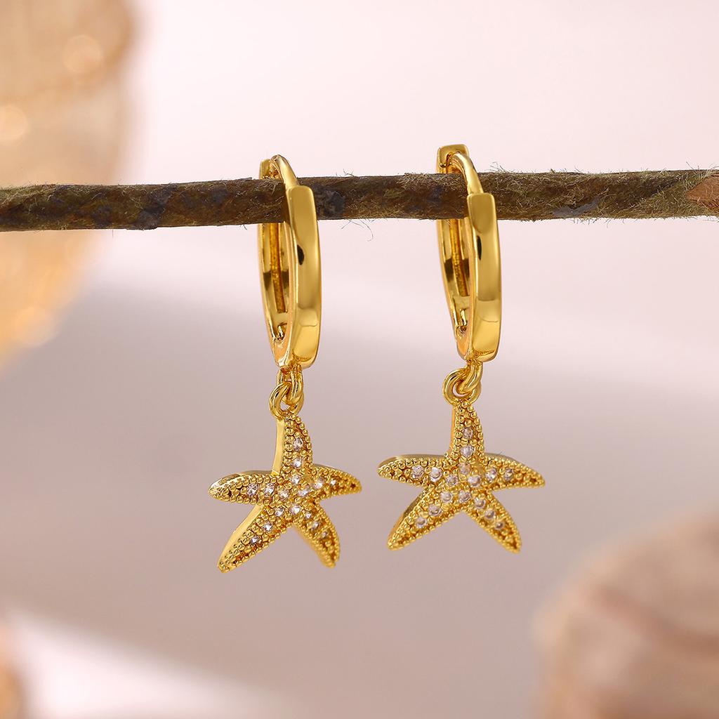 Starfish Drop Hoop Earrings For Women Gold Color Heart Cubic Zirconia Huggie Earring Delicate Beach Jewelry Her Gift Hoops