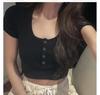 Summer new slim-fit short round neck high waist thin, careful machine open button short-sleeved T-shirt women's top ins tide
