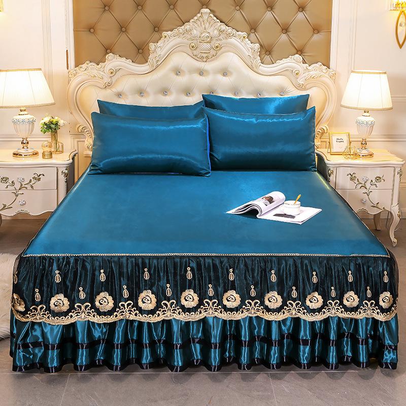 Blondertilpasset laken Luksus sengetøysett Romantisk ismatte sammenleggbare broderte laken Lin Sengetøy Queen Sengeteppe med skjørt