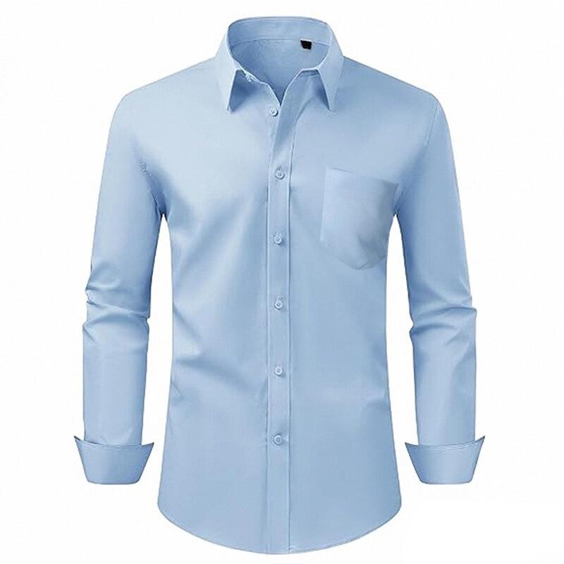 Men's High-End Long-Sleeve Stretch Dress Shirt - European & American Sizes, Solid Color Business Casual Top