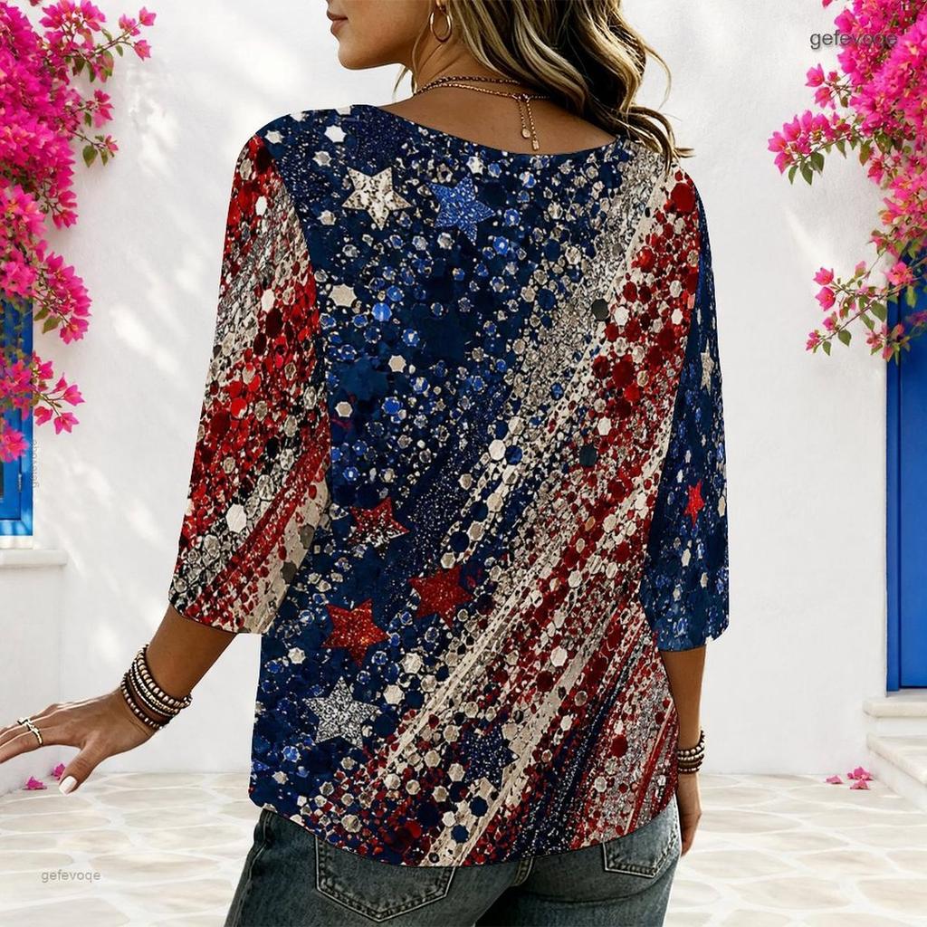 Women Plus Size Round Neck Half Sleeve Loose Fit Printed Blouse Red Blue White Star Print