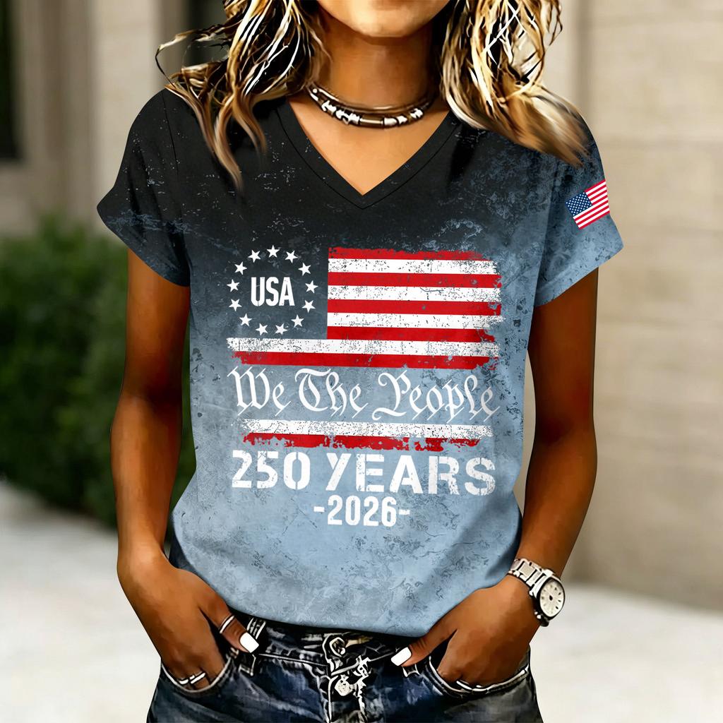 Women's V-Neck Short Sleeve T-Shirt - Anniversary 1776-2026 Letter Print, Casual Summer Top Tee
