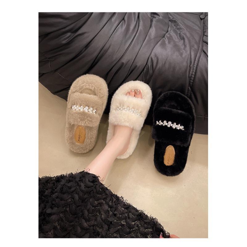 Herfst en Winter Nieuwe Parel Fee Bont Pantoffels Schattig Huis Dikke Zool Senior Bont Pantoffels