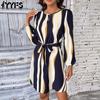 Women's Fashion Spring Fall Colour Block Print Long Sleeve O-Neck High Waist Casual Dresses