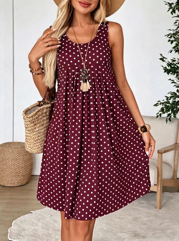 Women's Sleeveless Polka Dot Dress Round Neck Loose A-Line Casual Midi Tank Dress For Daily Beach Wear