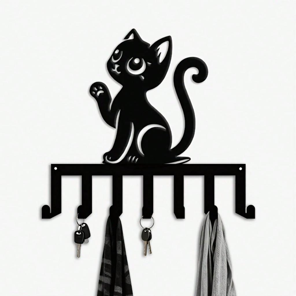 Modern Cat Key Holder Wall Mounted Metal Key Organizer with 7 Hooks Ideal Gift for Cat Lovers