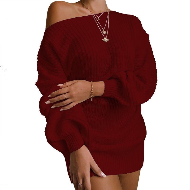 off-Shoulder European and American Style Boat Neck Solid Color Knitted Sweater Dress