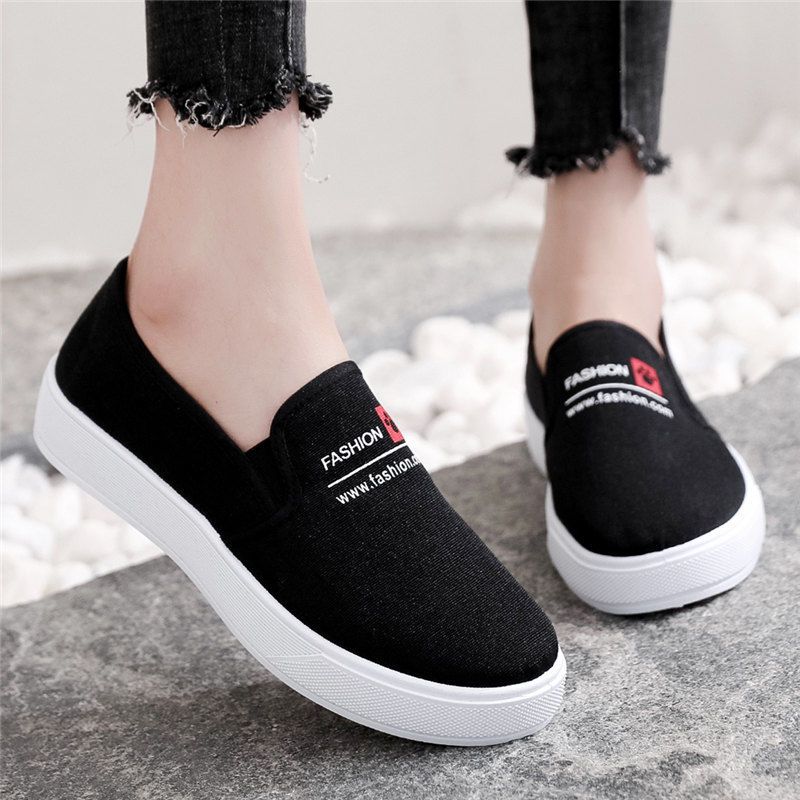 Spring Single Shoes Canvas Shoes Female Students' Cloth Shoes Female Thick Soled Casual Shoes Female One Foot Pedals